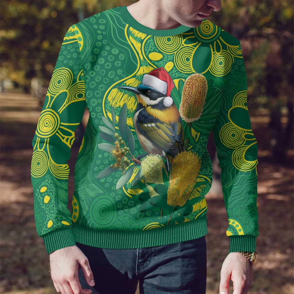 Aussie Honeyeaters Banksia Christmas Ugly Christmas Sweater Aboriginal Dots Painting Green Motif - Aussie Hoodie