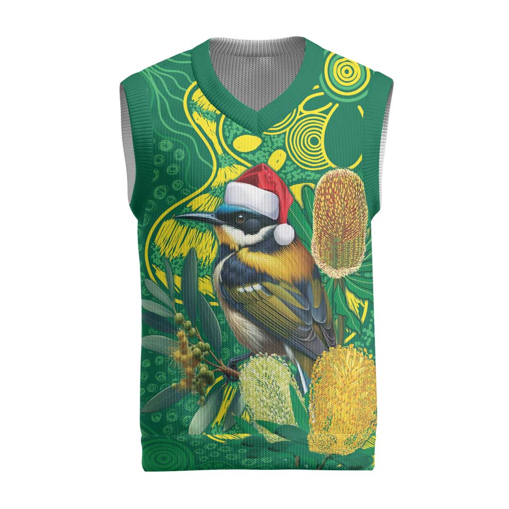 Aussie Honeyeaters Banksia Christmas Knitted V-Neck Vest Aboriginal Dots Painting Green Motif - Aussie Hoodie