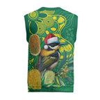 Aussie Honeyeaters Banksia Christmas Knitted V-Neck Vest Aboriginal Dots Painting Green Motif - Aussie Hoodie