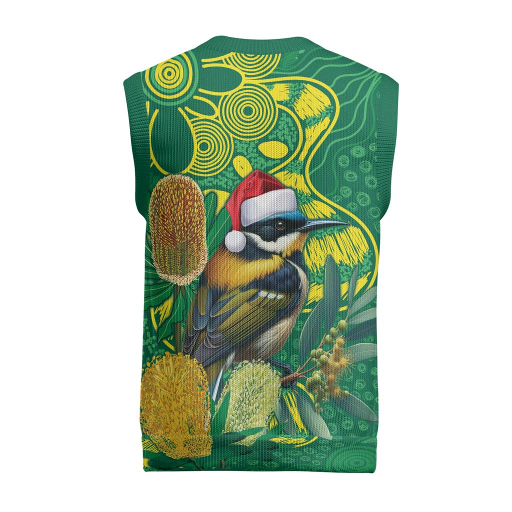 Aussie Honeyeaters Banksia Christmas Knitted V-Neck Vest Aboriginal Dots Painting Green Motif - Aussie Hoodie