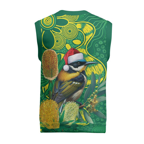 Aussie Honeyeaters Banksia Christmas Knitted V-Neck Vest Aboriginal Dots Painting Green Motif - Aussie Hoodie