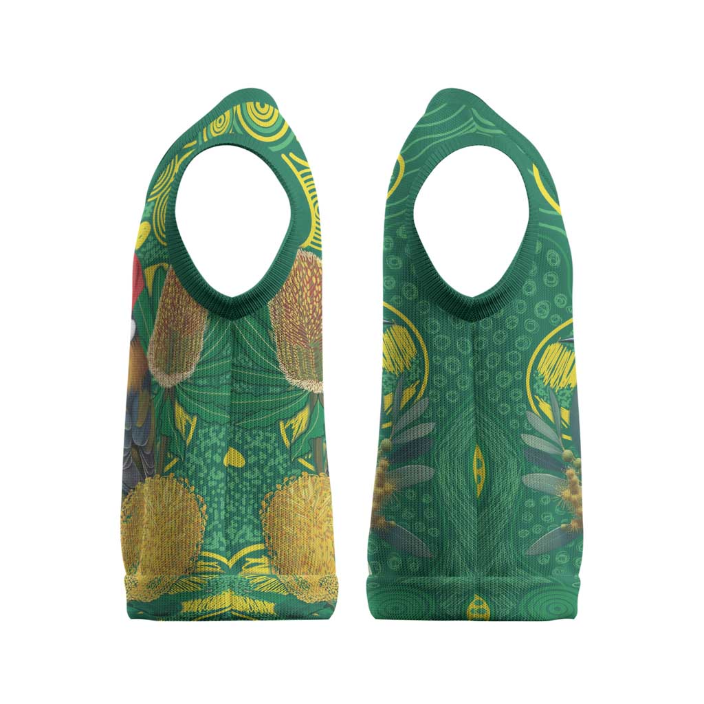 Aussie Honeyeaters Banksia Christmas Knitted V-Neck Vest Aboriginal Dots Painting Green Motif - Aussie Hoodie