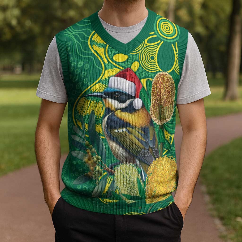 Aussie Honeyeaters Banksia Christmas Knitted V-Neck Vest Aboriginal Dots Painting Green Motif - Aussie Hoodie