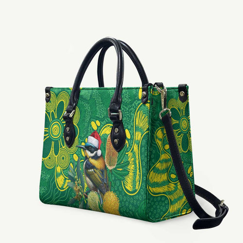 Aussie Honeyeaters Banksia Christmas Leather Bag Aboriginal Dots Painting Green Motif - Aussie Hoodie