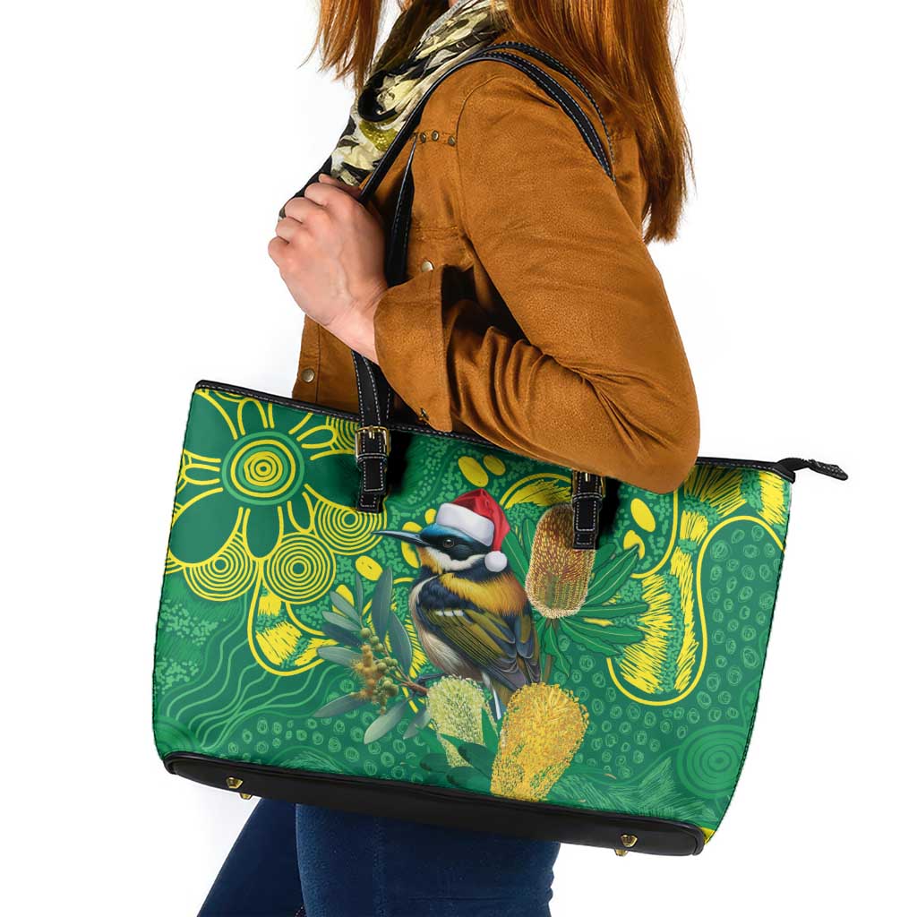 Aussie Honeyeaters Banksia Christmas Leather Tote Bag Aboriginal Dots Painting Green Motif - Aussie Hoodie