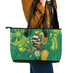 Aussie Honeyeaters Banksia Christmas Leather Tote Bag Aboriginal Dots Painting Green Motif - Aussie Hoodie