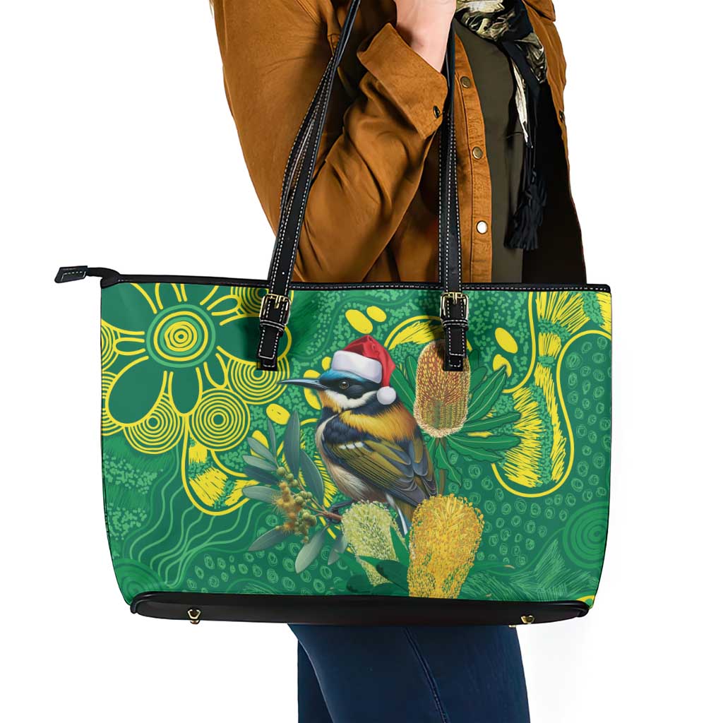 Aussie Honeyeaters Banksia Christmas Leather Tote Bag Aboriginal Dots Painting Green Motif - Aussie Hoodie