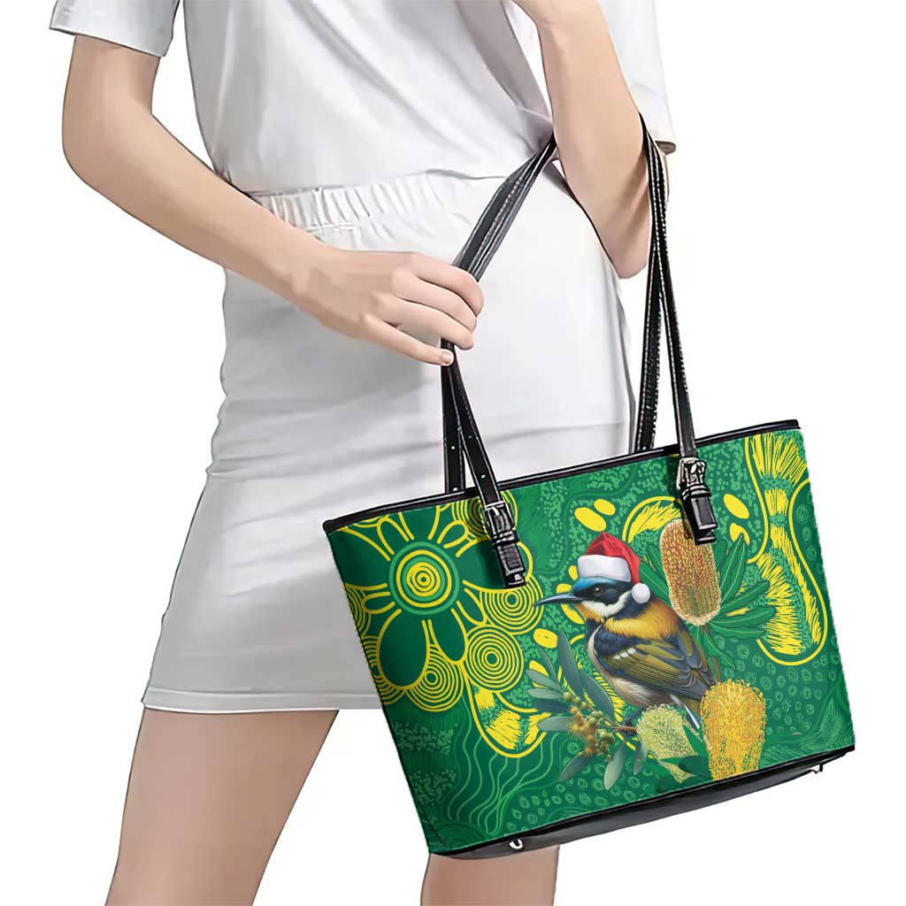 Aussie Honeyeaters Banksia Christmas Leather Tote Bag Aboriginal Dots Painting Green Motif - Aussie Hoodie