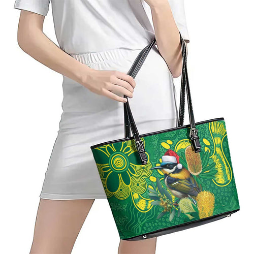 Aussie Honeyeaters Banksia Christmas Leather Tote Bag Aboriginal Dots Painting Green Motif - Aussie Hoodie