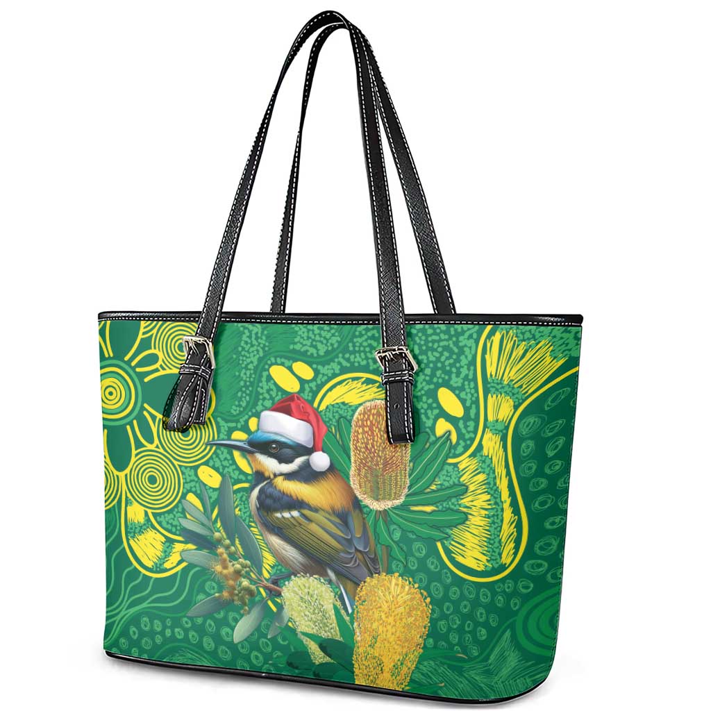 Aussie Honeyeaters Banksia Christmas Leather Tote Bag Aboriginal Dots Painting Green Motif - Aussie Hoodie