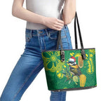Aussie Honeyeaters Banksia Christmas Leather Tote Bag Aboriginal Dots Painting Green Motif - Aussie Hoodie