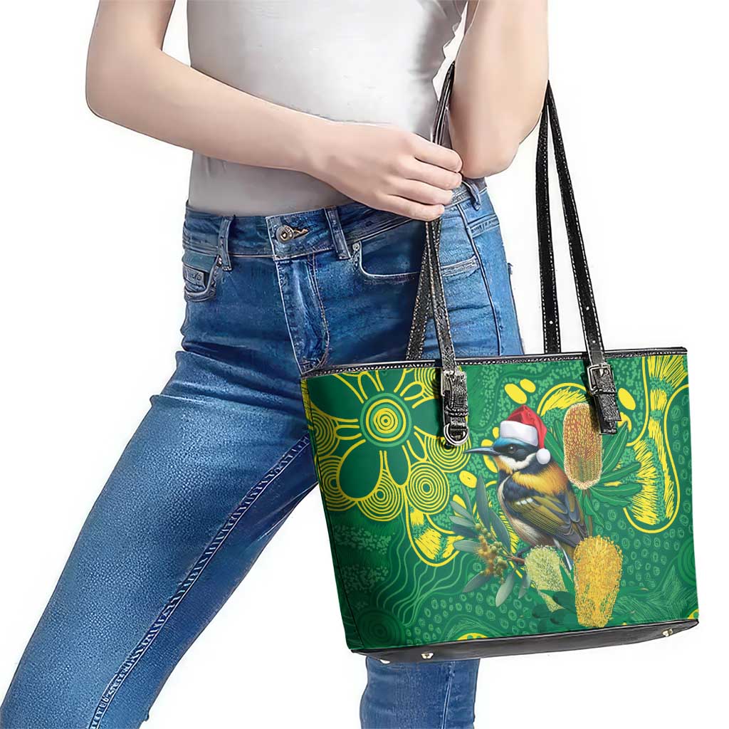 Aussie Honeyeaters Banksia Christmas Leather Tote Bag Aboriginal Dots Painting Green Motif - Aussie Hoodie