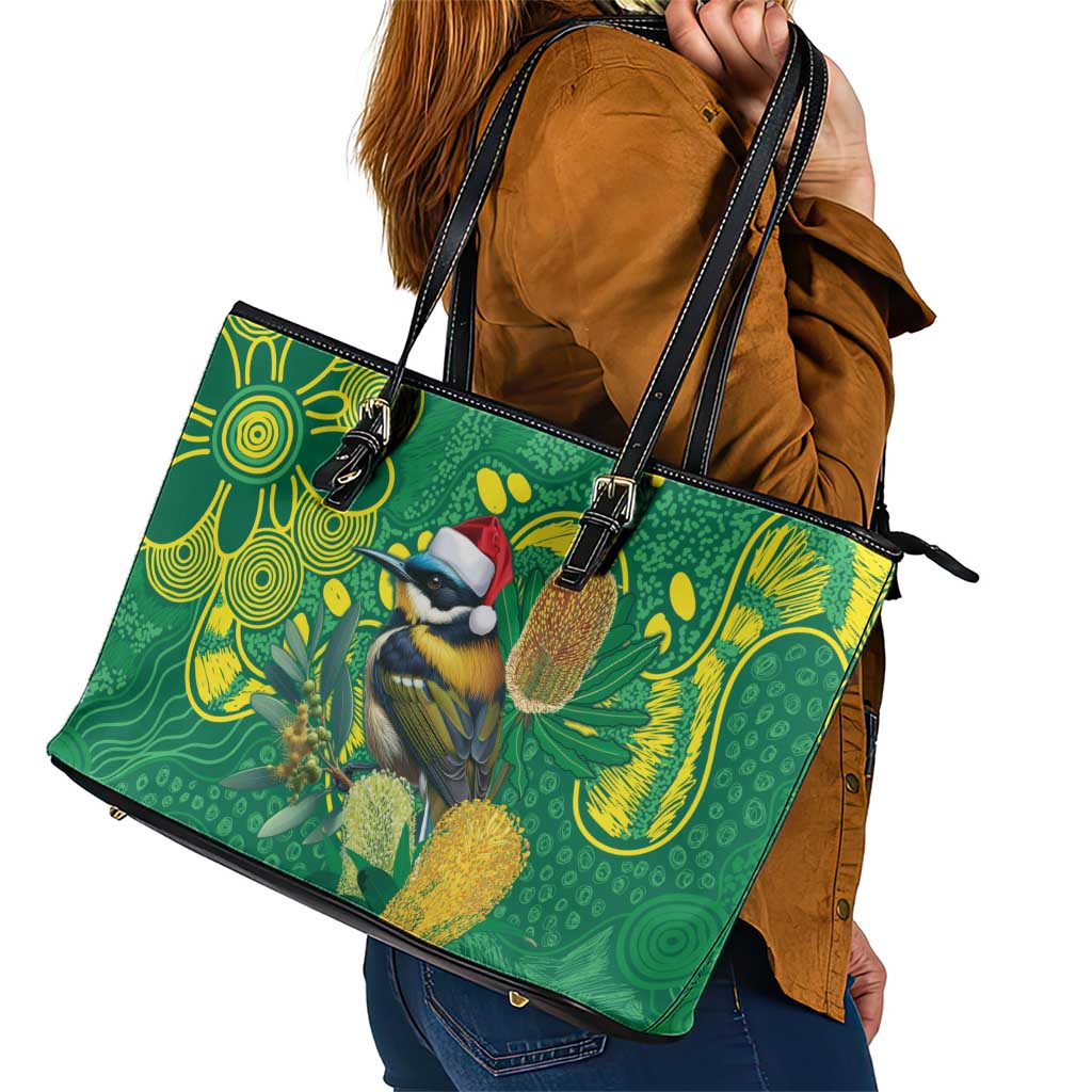 Aussie Honeyeaters Banksia Christmas Leather Tote Bag Aboriginal Dots Painting Green Motif - Aussie Hoodie