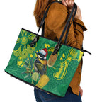 Aussie Honeyeaters Banksia Christmas Leather Tote Bag Aboriginal Dots Painting Green Motif - Aussie Hoodie