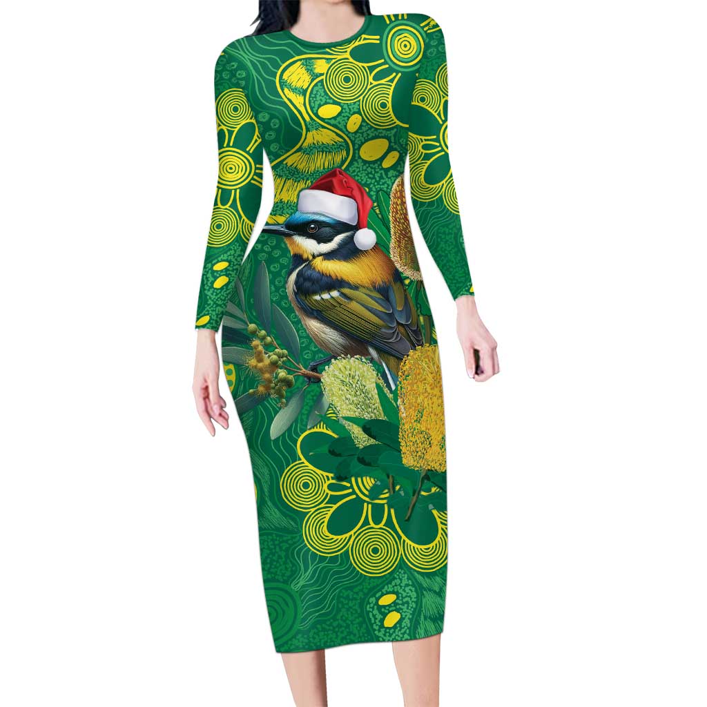 Aussie Honeyeaters Banksia Christmas Long Sleeve Bodycon Dress Aboriginal Dots Painting Green Motif - Aussie Hoodie