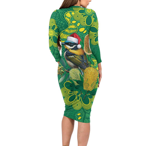 Aussie Honeyeaters Banksia Christmas Long Sleeve Bodycon Dress Aboriginal Dots Painting Green Motif - Aussie Hoodie
