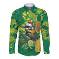 Aussie Honeyeaters Banksia Christmas Long Sleeve Button Shirt Aboriginal Dots Painting Green Motif - Aussie Hoodie