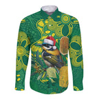 Aussie Honeyeaters Banksia Christmas Long Sleeve Button Shirt Aboriginal Dots Painting Green Motif - Aussie Hoodie