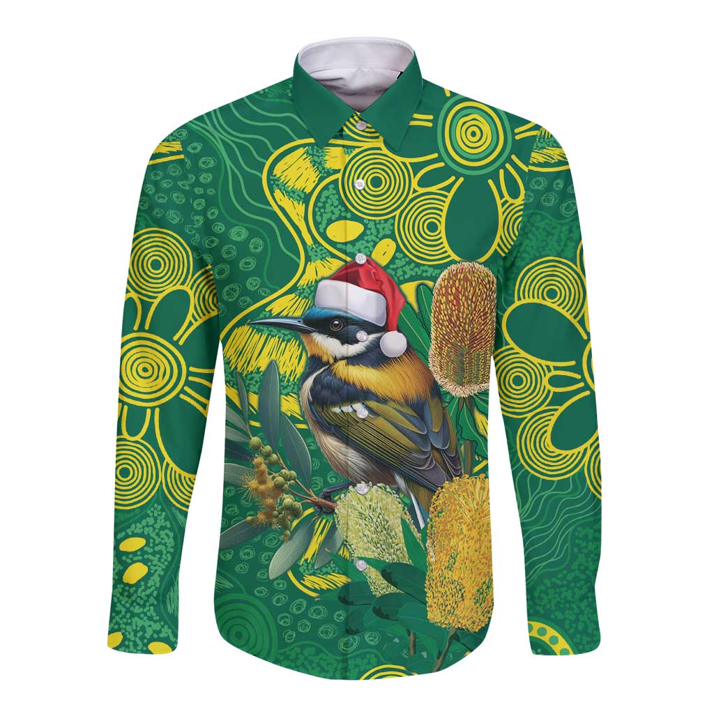 Aussie Honeyeaters Banksia Christmas Long Sleeve Button Shirt Aboriginal Dots Painting Green Motif - Aussie Hoodie