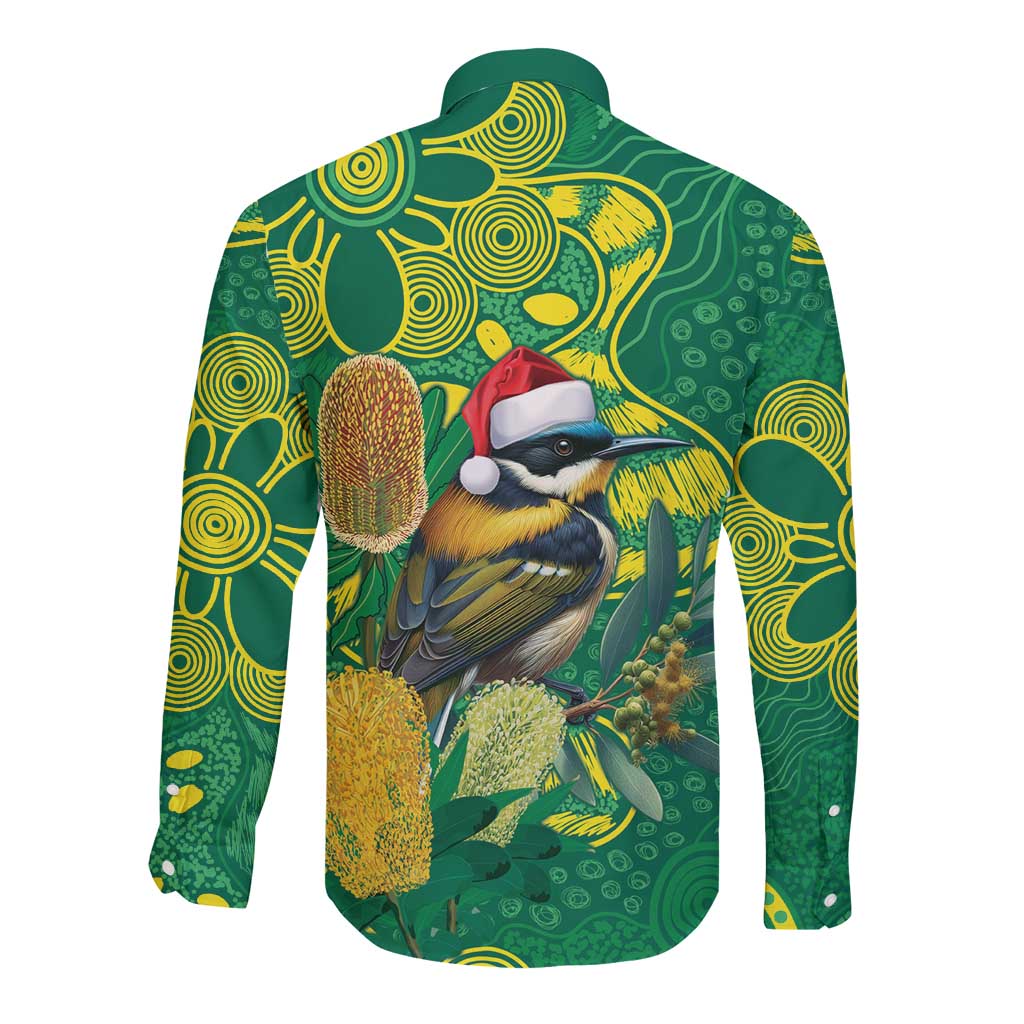 Aussie Honeyeaters Banksia Christmas Long Sleeve Button Shirt Aboriginal Dots Painting Green Motif - Aussie Hoodie