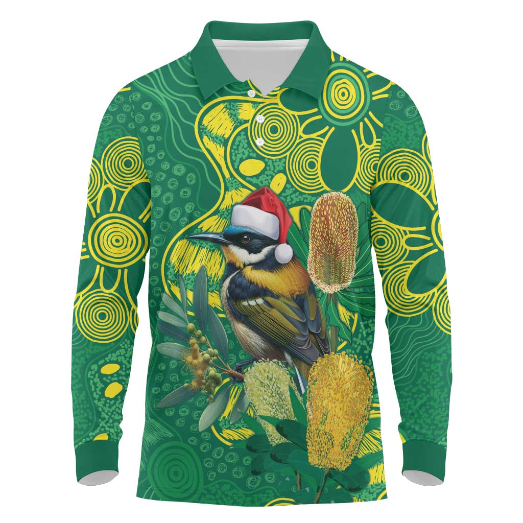 Aussie Honeyeaters Banksia Christmas Long Sleeve Polo Shirt Aboriginal Dots Painting Green Motif - Aussie Hoodie