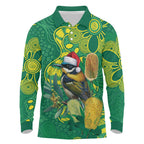 Aussie Honeyeaters Banksia Christmas Long Sleeve Polo Shirt Aboriginal Dots Painting Green Motif - Aussie Hoodie