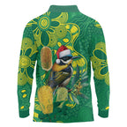 Aussie Honeyeaters Banksia Christmas Long Sleeve Polo Shirt Aboriginal Dots Painting Green Motif - Aussie Hoodie