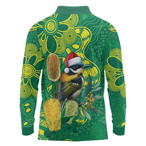 Aussie Honeyeaters Banksia Christmas Long Sleeve Polo Shirt Aboriginal Dots Painting Green Motif - Aussie Hoodie