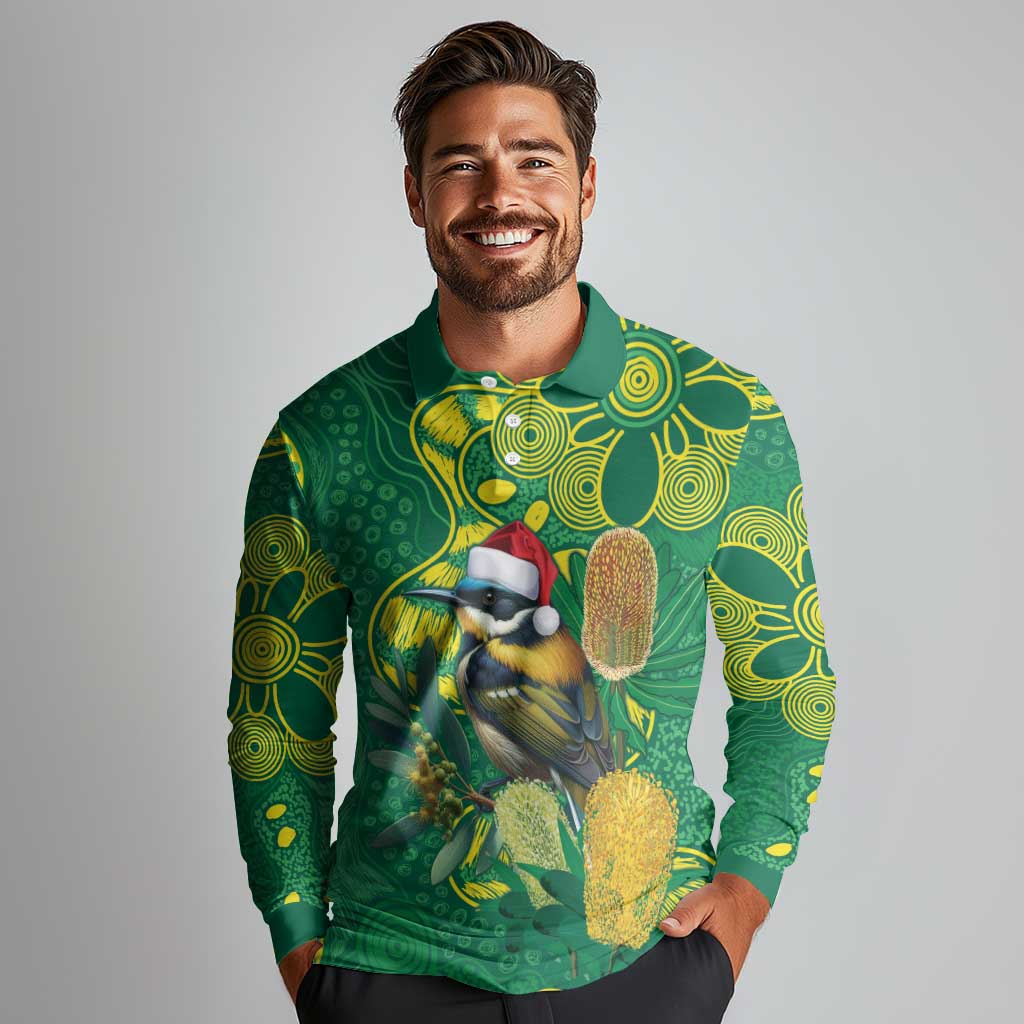 Aussie Honeyeaters Banksia Christmas Long Sleeve Polo Shirt Aboriginal Dots Painting Green Motif - Aussie Hoodie
