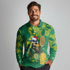 Aussie Honeyeaters Banksia Christmas Long Sleeve Polo Shirt Aboriginal Dots Painting Green Motif - Aussie Hoodie