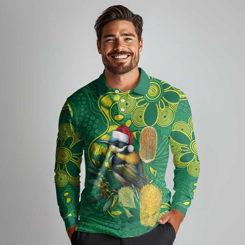 Aussie Honeyeaters Banksia Christmas Long Sleeve Polo Shirt Aboriginal Dots Painting Green Motif - Aussie Hoodie