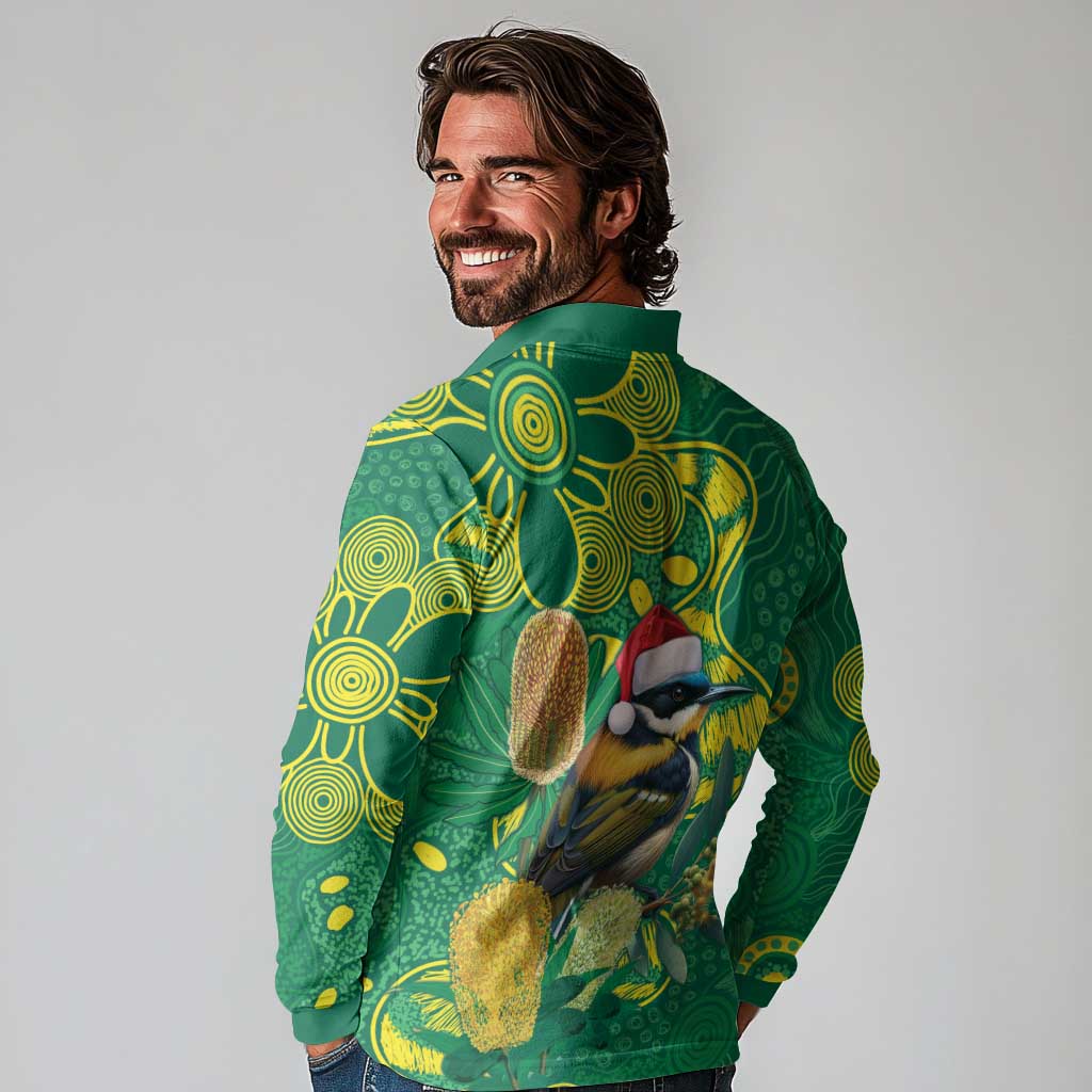 Aussie Honeyeaters Banksia Christmas Long Sleeve Polo Shirt Aboriginal Dots Painting Green Motif - Aussie Hoodie
