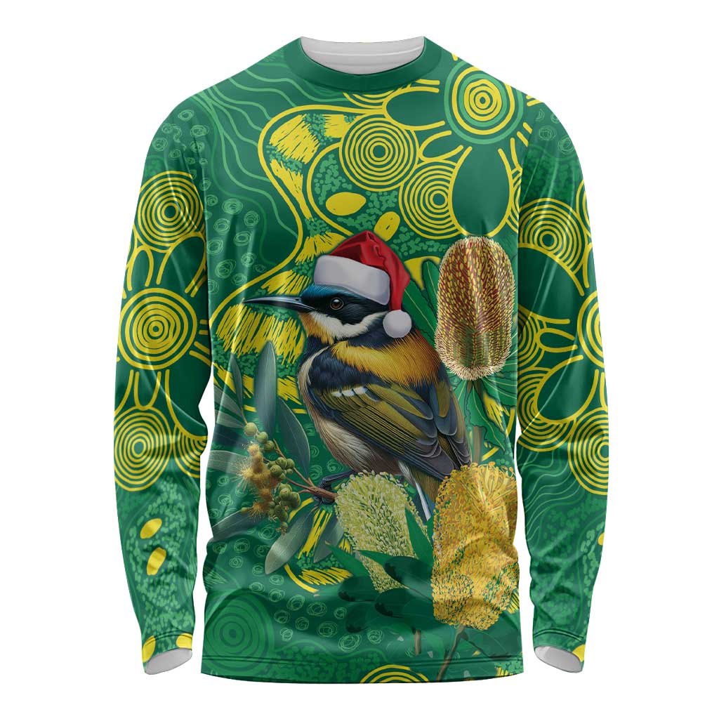 Aussie Honeyeaters Banksia Christmas Long Sleeve Shirt Aboriginal Dots Painting Green Motif - Aussie Hoodie