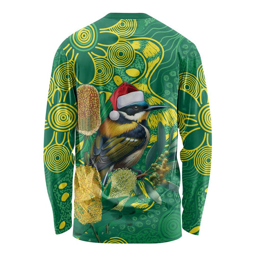 Aussie Honeyeaters Banksia Christmas Long Sleeve Shirt Aboriginal Dots Painting Green Motif - Aussie Hoodie