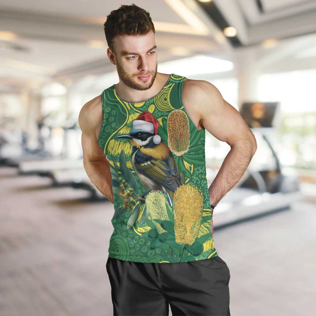 Aussie Honeyeaters Banksia Christmas Men Tank Top Aboriginal Dots Painting Green Motif - Aussie Hoodie