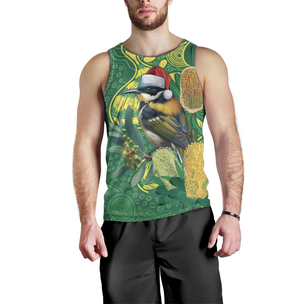 Aussie Honeyeaters Banksia Christmas Men Tank Top Aboriginal Dots Painting Green Motif - Aussie Hoodie