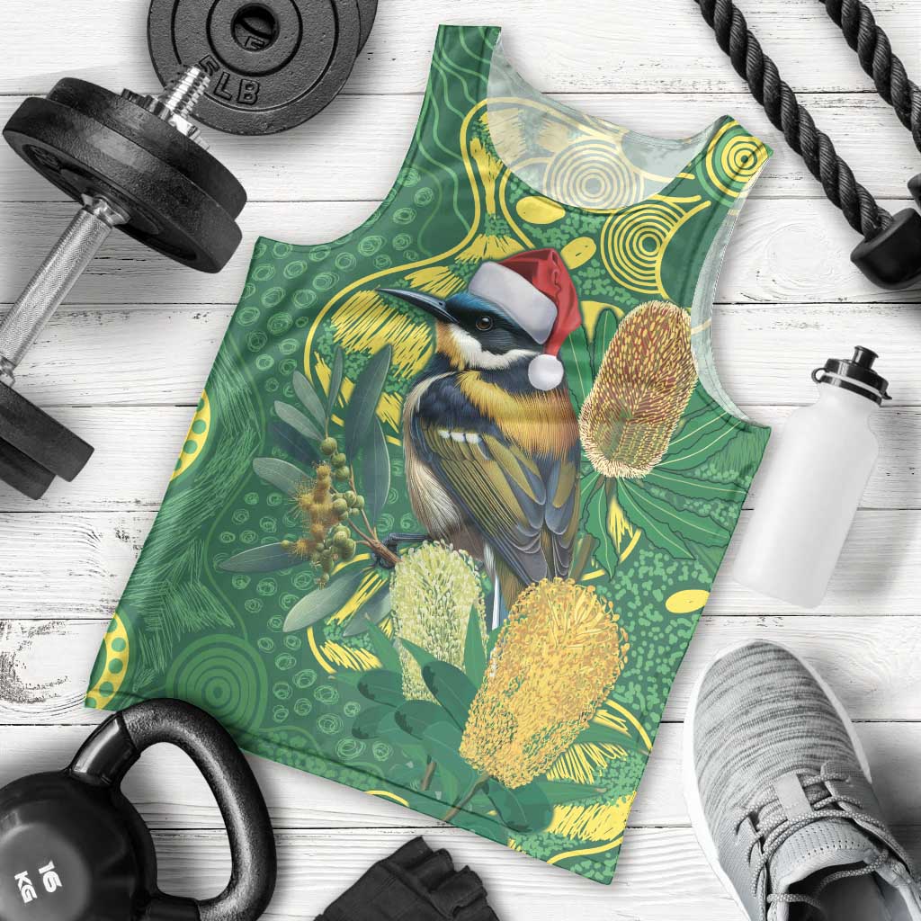 Aussie Honeyeaters Banksia Christmas Men Tank Top Aboriginal Dots Painting Green Motif - Aussie Hoodie
