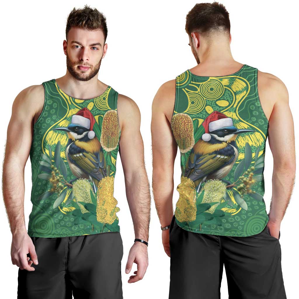 Aussie Honeyeaters Banksia Christmas Men Tank Top Aboriginal Dots Painting Green Motif - Aussie Hoodie