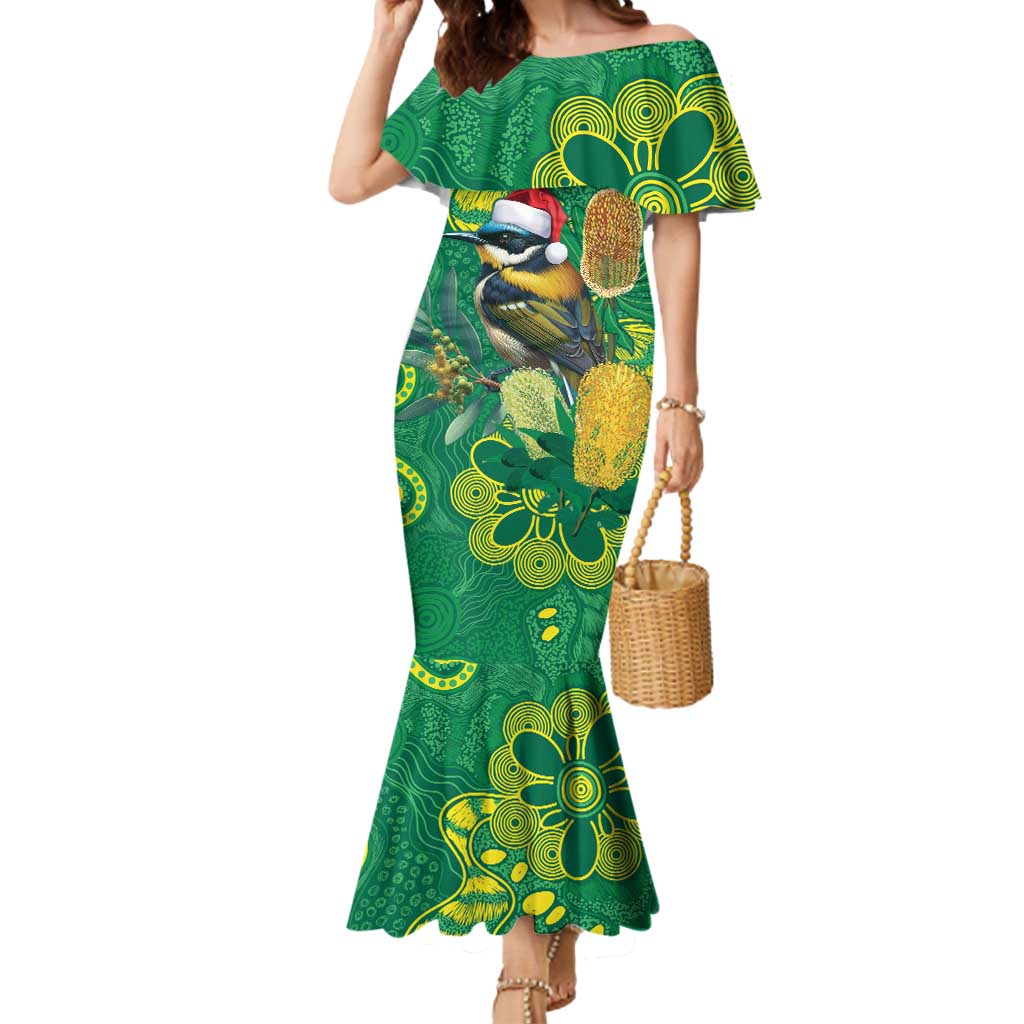 Aussie Honeyeaters Banksia Christmas Mermaid Dress Aboriginal Dots Painting Green Motif - Aussie Hoodie
