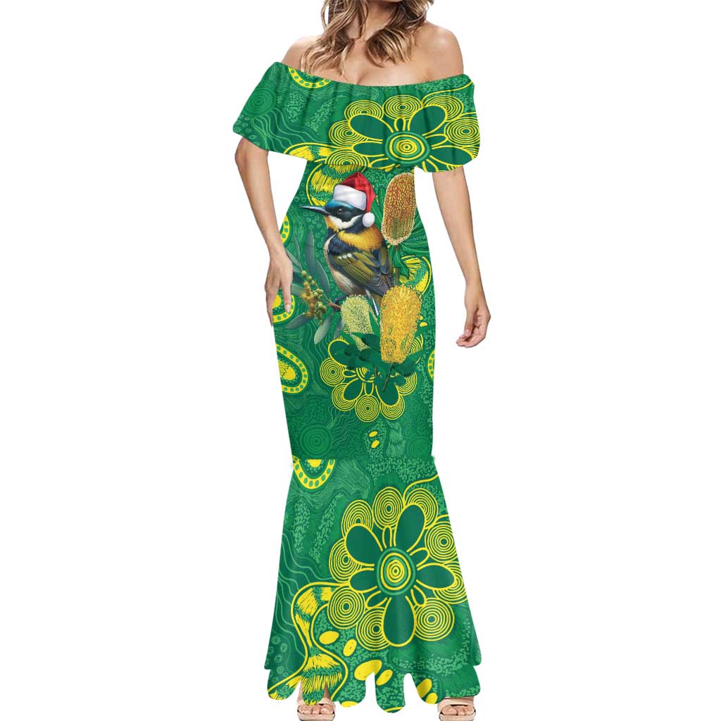 Aussie Honeyeaters Banksia Christmas Mermaid Dress Aboriginal Dots Painting Green Motif - Aussie Hoodie