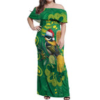 Aussie Honeyeaters Banksia Christmas Off Shoulder Maxi Dress Aboriginal Dots Painting Green Motif - Aussie Hoodie