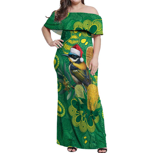 Aussie Honeyeaters Banksia Christmas Off Shoulder Maxi Dress Aboriginal Dots Painting Green Motif - Aussie Hoodie