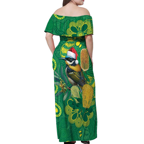 Aussie Honeyeaters Banksia Christmas Off Shoulder Maxi Dress Aboriginal Dots Painting Green Motif - Aussie Hoodie