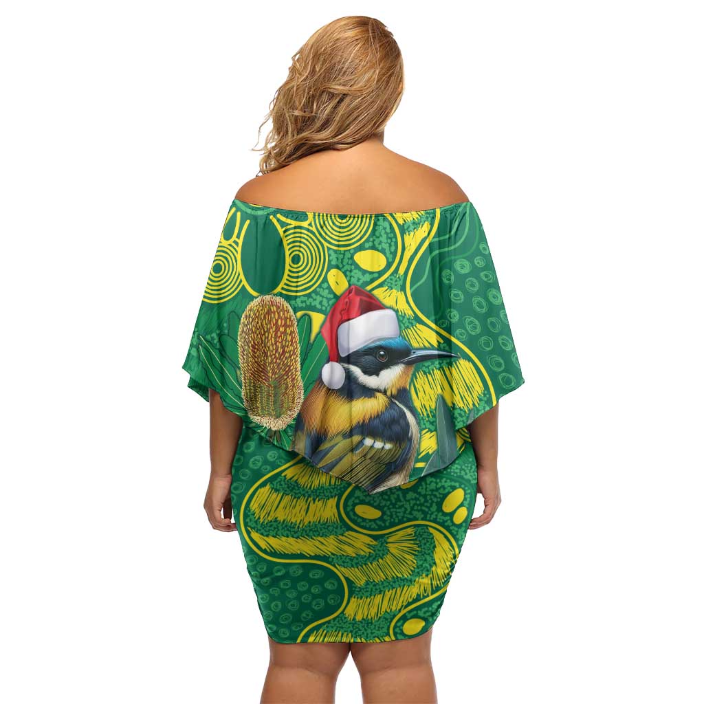 Aussie Honeyeaters Banksia Christmas Off Shoulder Short Dress Aboriginal Dots Painting Green Motif - Aussie Hoodie