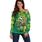 Aussie Honeyeaters Banksia Christmas Off Shoulder Sweater Aboriginal Dots Painting Green Motif - Aussie Hoodie