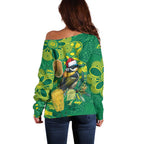 Aussie Honeyeaters Banksia Christmas Off Shoulder Sweater Aboriginal Dots Painting Green Motif - Aussie Hoodie