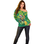Aussie Honeyeaters Banksia Christmas Off Shoulder Sweater Aboriginal Dots Painting Green Motif - Aussie Hoodie