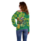 Aussie Honeyeaters Banksia Christmas Off Shoulder Sweater Aboriginal Dots Painting Green Motif - Aussie Hoodie