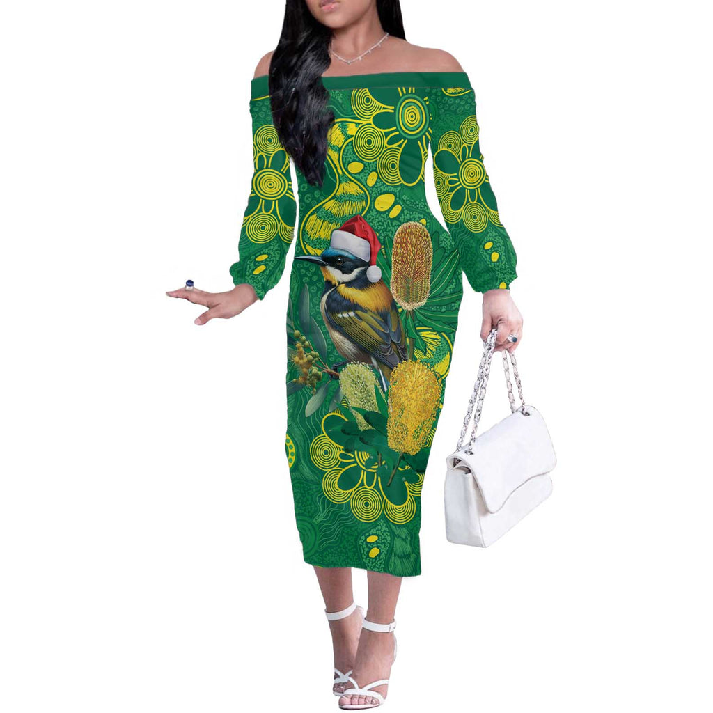 Aussie Honeyeaters Banksia Christmas Off The Shoulder Long Sleeve Dress Aboriginal Dots Painting Green Motif - Aussie Hoodie