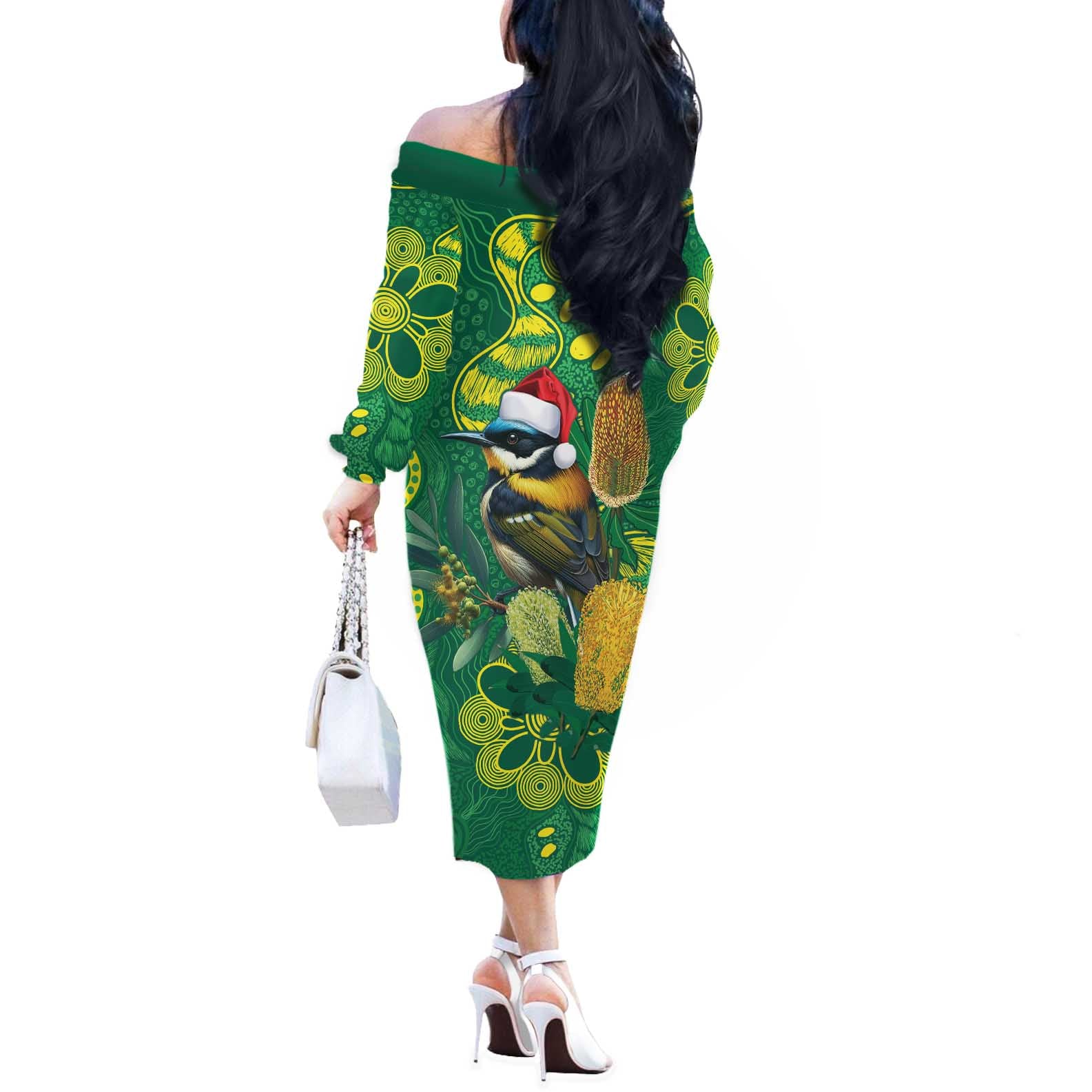 Aussie Honeyeaters Banksia Christmas Off The Shoulder Long Sleeve Dress Aboriginal Dots Painting Green Motif - Aussie Hoodie